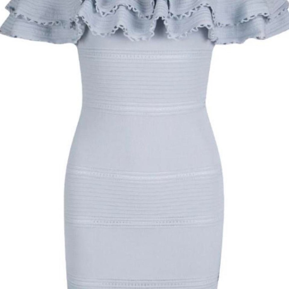 Alexander McQueen Blue Ruffle Detail Off‎ the Shoulder Body-Con Dress